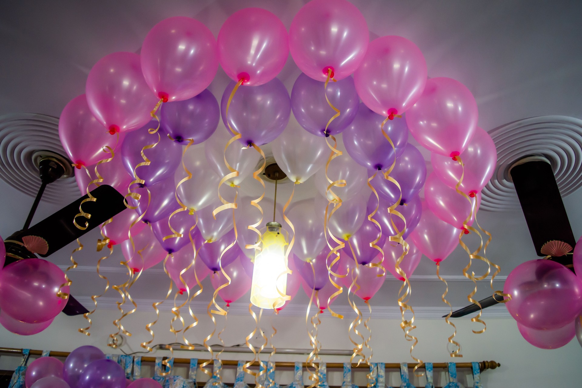 Party decoration. Colourful balloons birthday decoration. Birthday decorations. A lot of balloons. Children birthday. Birthday Part zone with baloons decoration.